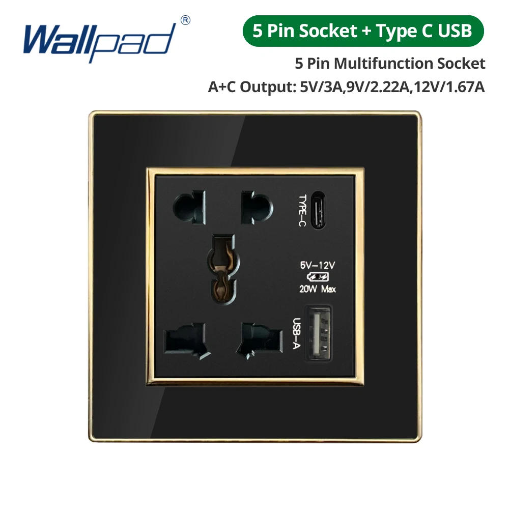 Wallpad EU-Steckdose mit USB, schwarzes Acryl-Panel mit goldenem Rand, 2-Wege-Wandlichtschalter mit LED-Bewegungssensor