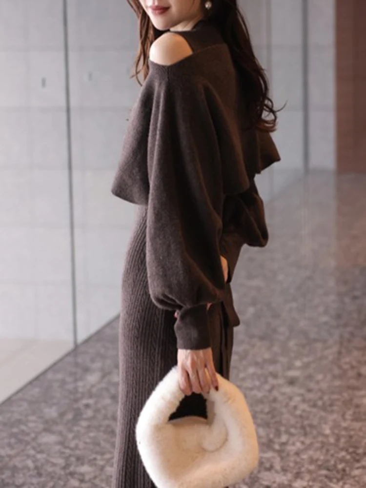 Japonês doce moda vestido de malha blusa conjunto de 2 peças outono inverno novo feminino fino ajuste elegante fora do ombro malha pulôver vestido