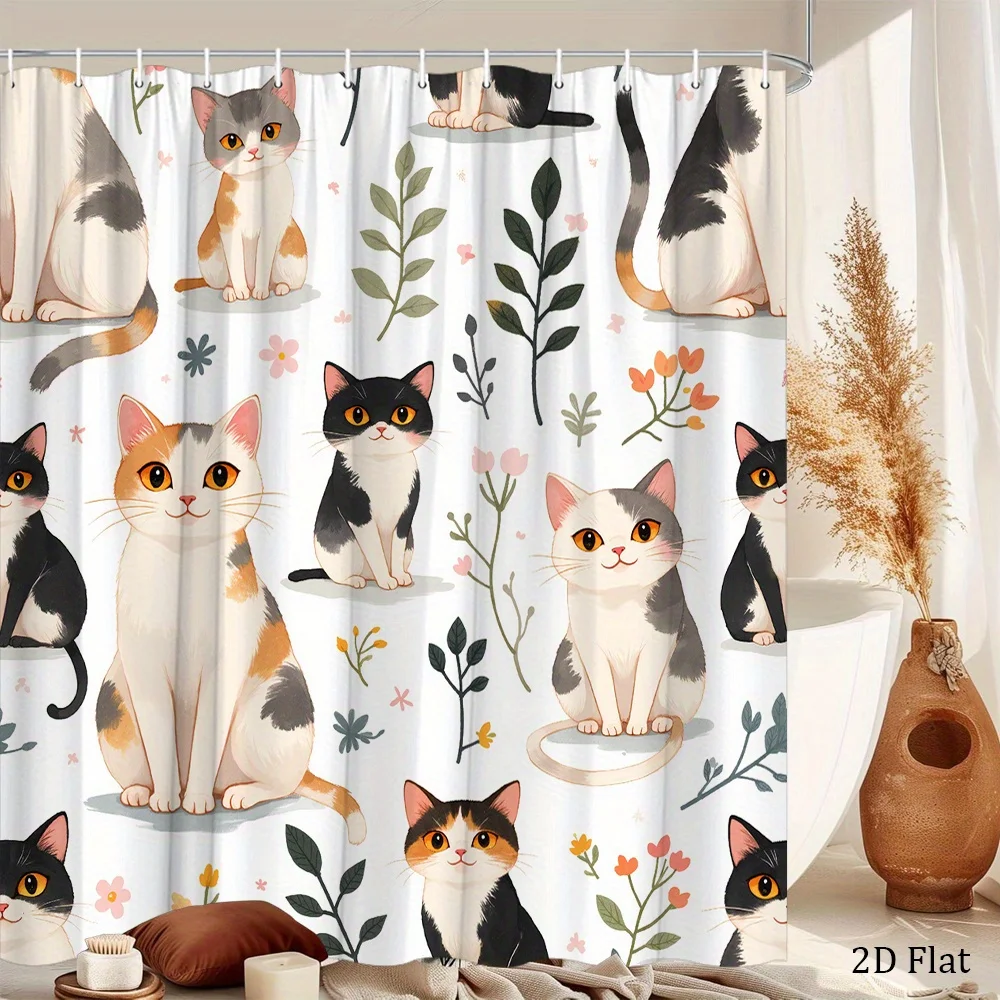 1pc Whimsical Cat Pattern Shower Curtain, Polyester Woven Fabric with Green Leaves & Colorful Flowers, Playful Design Bath Curta