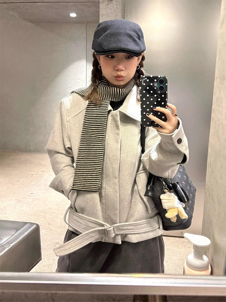 

American Retro Woolen Coat Women's Autumn Winter Thickened Loose Couple Short High-End Feel Collar Jacket Korean Style Commute