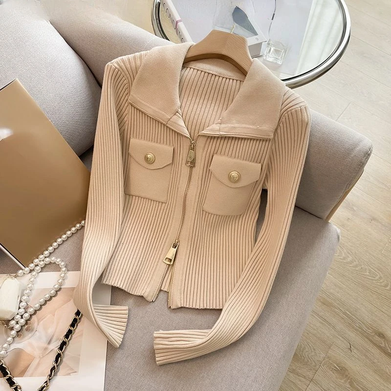 

Zipper Solid Short Cardigans Korean Fashion Autumn Winter Basics Elegant Women Sweaters Turn Down Collar Knitwears F125