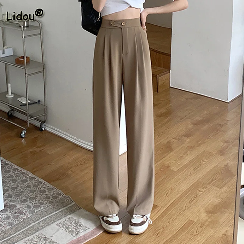 

Fashion New Pockets Solid Drape Suit Pants Spring Summer Korean Button High Waist Loose Wide Leg Mopping Trousers Trend Women