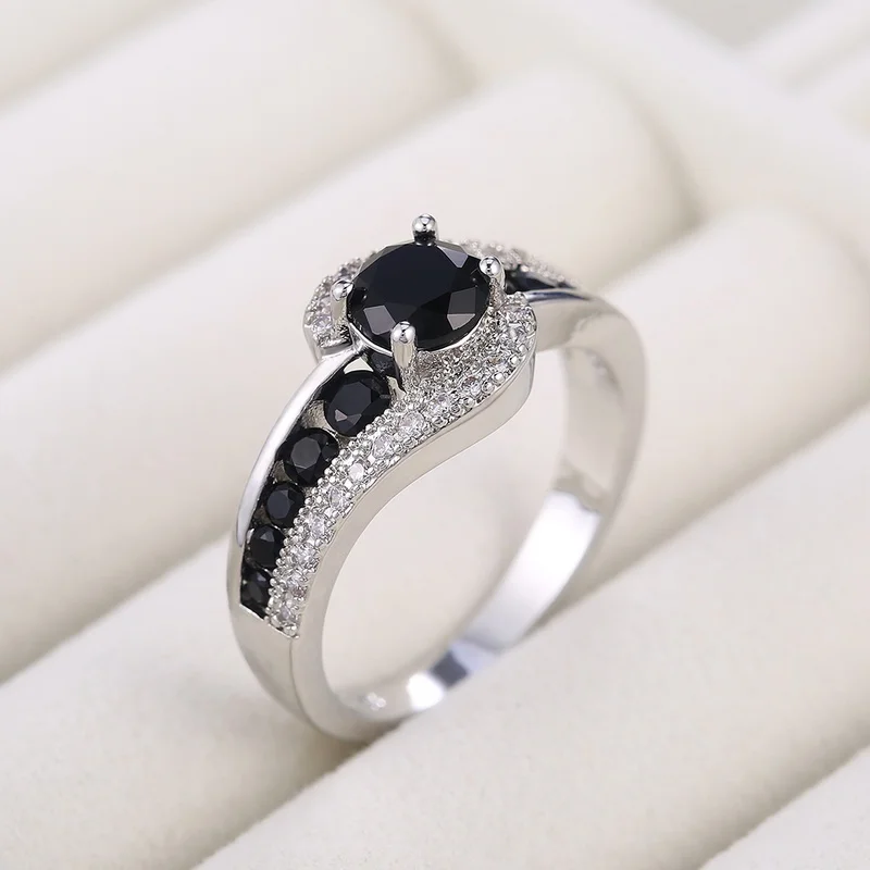 Personality Silver Color Black Stone Women Wedding Ring Dazzling Crystal Zircon Delicate Gift Top Quality Female Classic Jewelry