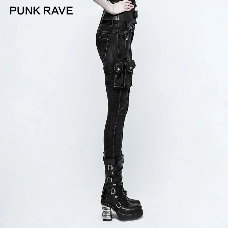 PUNK RAVE New Big Trousers Pocket Rivet Button Belt Punk Rock Jeans Lady Skinny with High Waist Black Denim Pants for Women