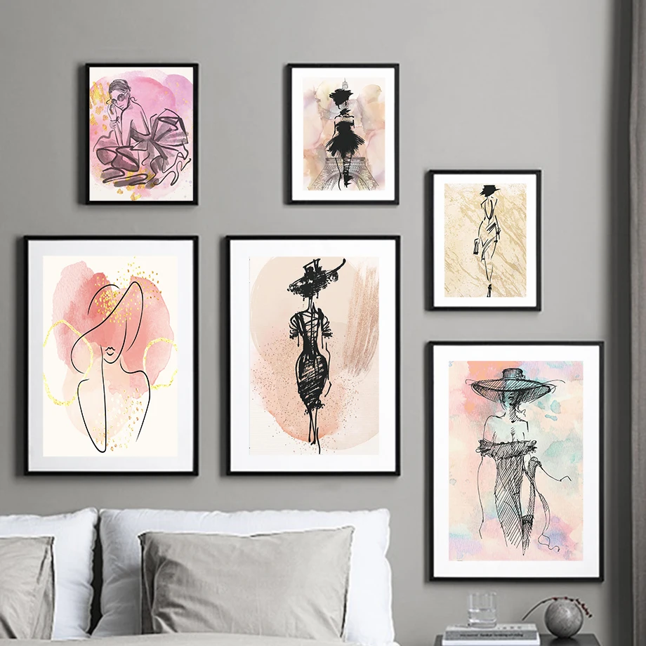الحديثة المألوف امرأة خط الفن بسيط المائية بساطتها موضة الرسم على لوحات القماش الجدارية الشمال المشارك غرفة ديكور