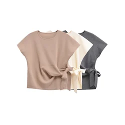 Women Round Neck Short Sleeve Soft Knotted T Shirt Solid Casual Summer Tops 0858673
