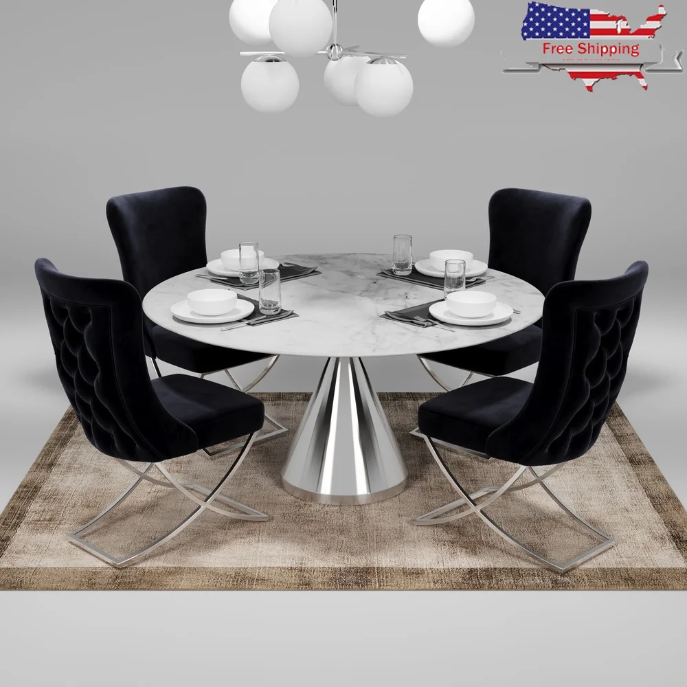 

Set of 2 Modern Upholstered Dining Chairs with Silver Legs High Density Foam Comfortable Tufted Back Beech Wood Frame Indoor Use