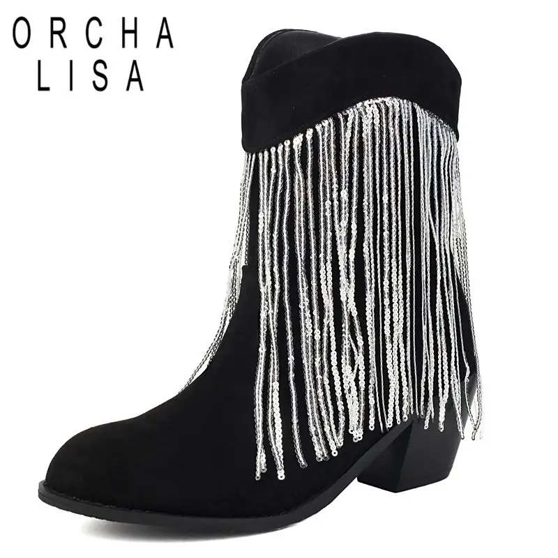 

ORCHA LISA 2025 Модные женские ботильоны с круглым носком и блочным каблуком 5 см, замшевые кисточки из флока, большие размеры 44 45 46 Dating Female Bota