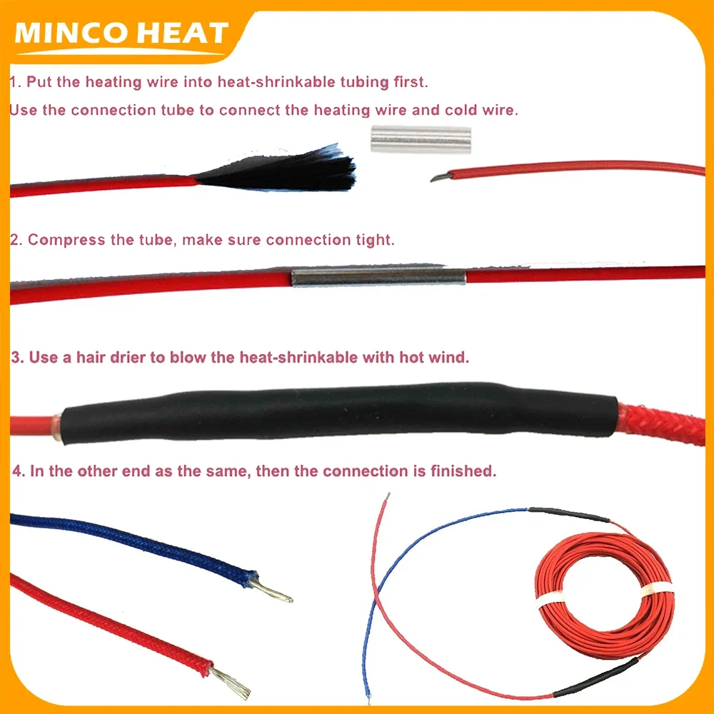 Minco Heat 12k 33Ohm/m 10m Fluoroplastic Carbon Fiber Heating Cable 10m Connected for Underfloor Warm Wire