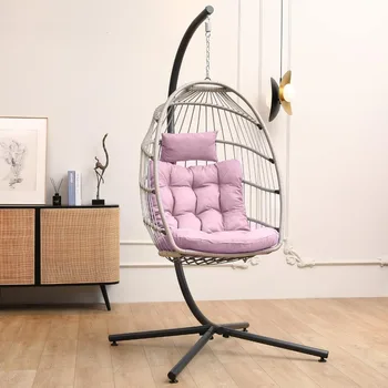 Image Hanging Egg Chair with Stand, Egg Swing Hammock Chair with Stand, Indoor Outdoor Wicker Egg Chair with Cushion Headrest,Swing