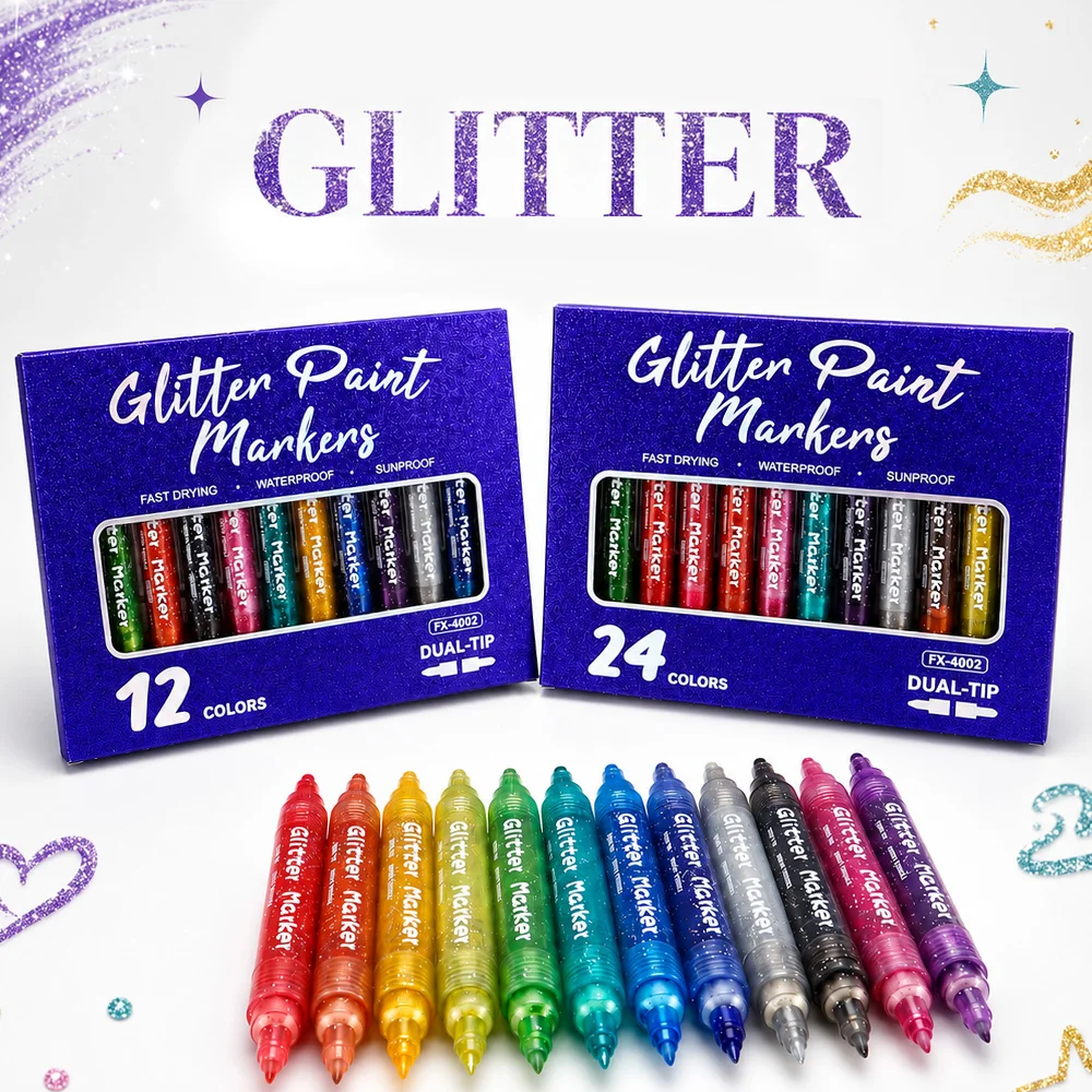 12/24 Farben Glitzer-Farbmarker-Set mit zwei Spitzen, wasserfest, schnell trocknend, zum Schreiben, Journaling, Dekoration, DIY, Basteln, Schule, Bürobedarf