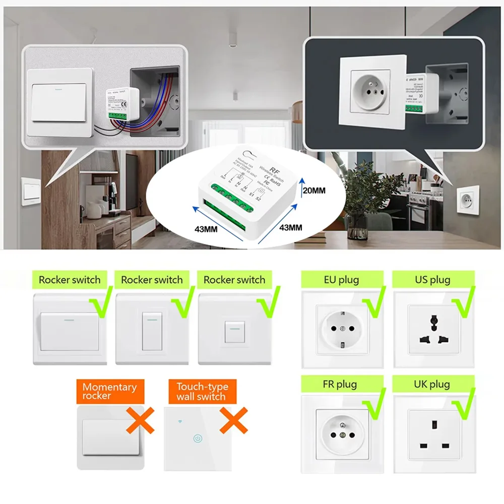 433Mhz Wireless Smart Light Switch 86 Panel Remote Control Switch AC 110V 220V 230V 240V 16A 3000W Mini Relay Receiver for Lamp