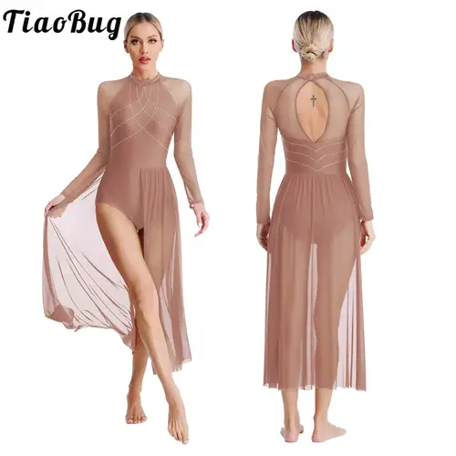 Vestido superpuesto lírico para mujer, traje de danza contemporánea moderna con diamantes de imitación, malla dividida, tul, Ballet, gimnasia, patinaje, leotardo