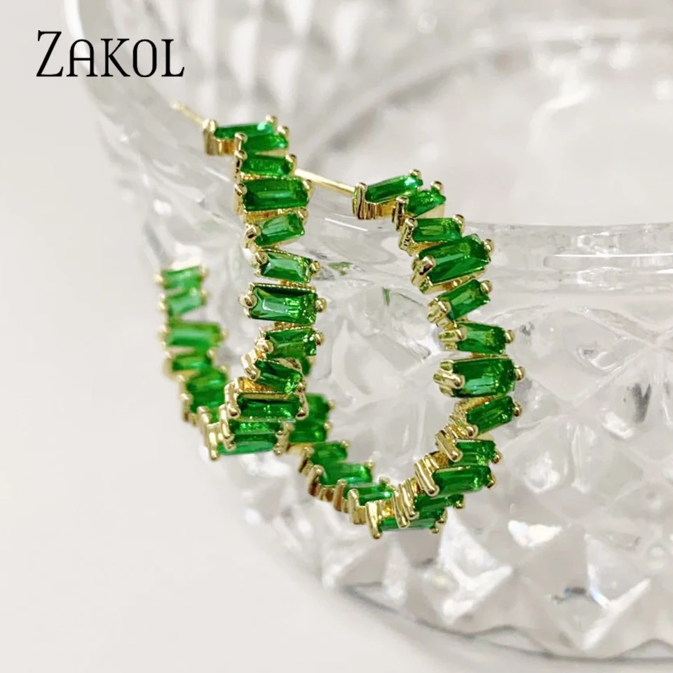 ZAKOL Trendy Baguette Cubic Zirconia Hoop Earrings for Women Korean Green Circle Stud Earring Fashion Jewelry