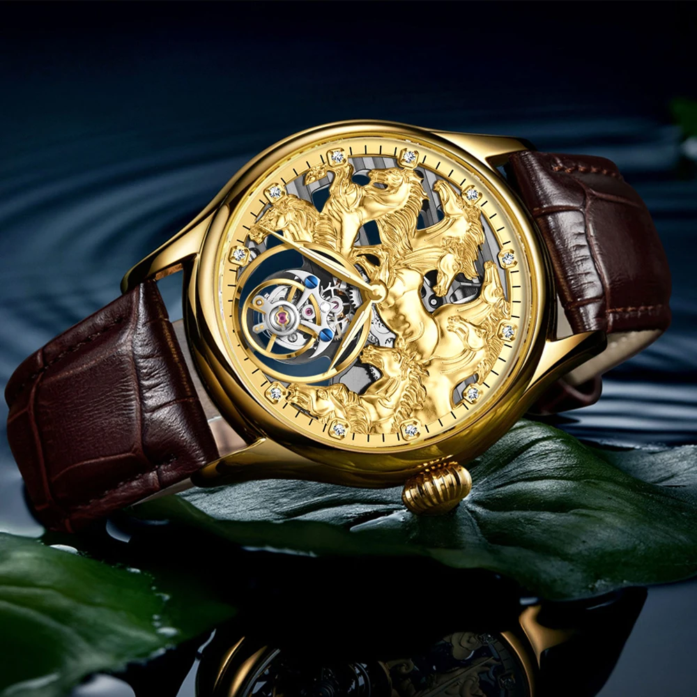 AESOP（manual7083G)Men Tourbillon Watch 3D Eight Steed Carving Skeleton Mechanical  Waterproof Luxury Business Gift Watch