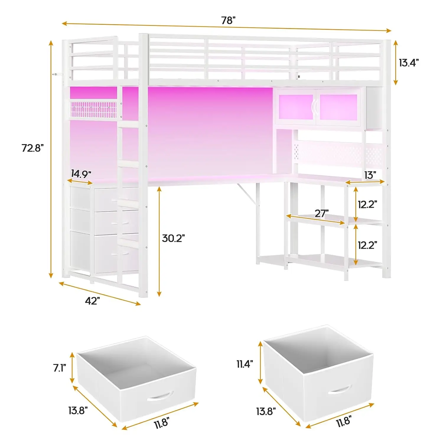 Twin Gaming Loft Bed with Desk, White Metal Frame with RGB Acrylic Hutch, 3 Storage Drawers, Shelves, Pegboard, Power Outlet image 2