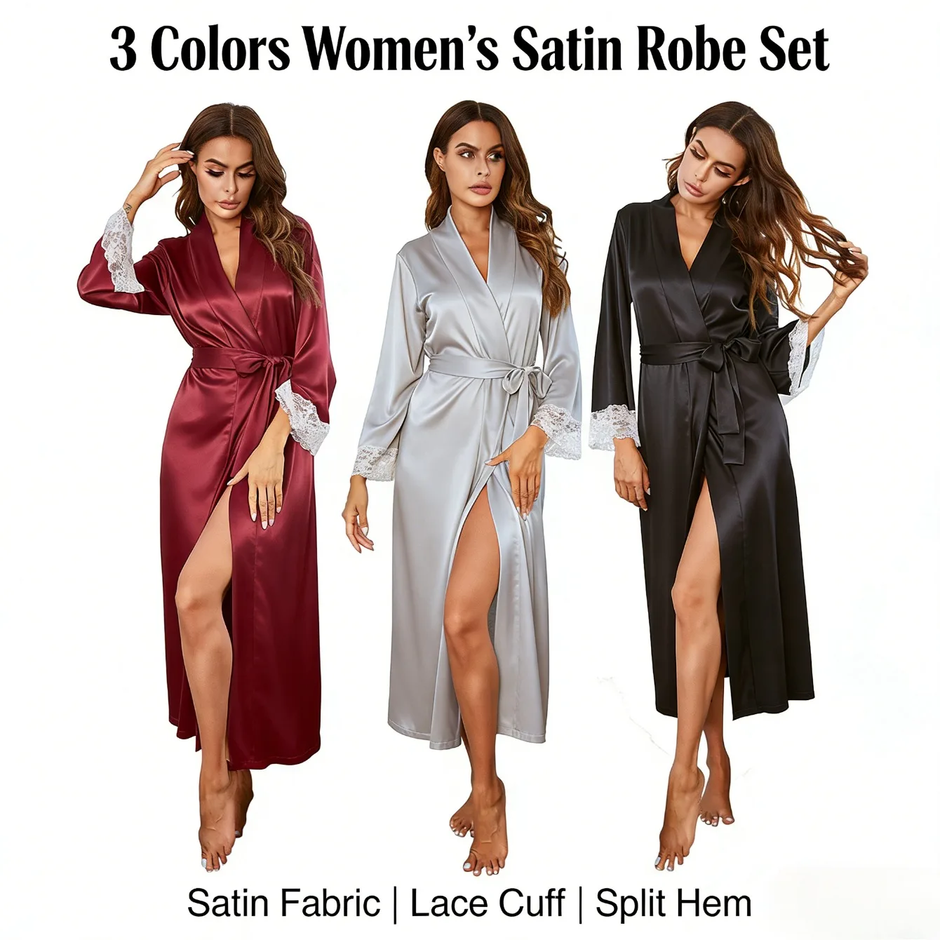 

Long Sleeve Lace Patchwork Robe Womens Tie - Waist Long Homewear Pajamas Bathrobe