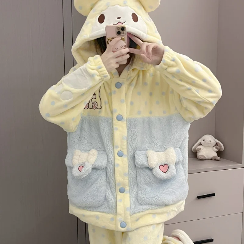 Marumofubiyori Thickened Warm Flannel Women Sleepwear Loungewear Cardigan Suit Winter Soft Fairy Wind Ladies Pajamas Homewear