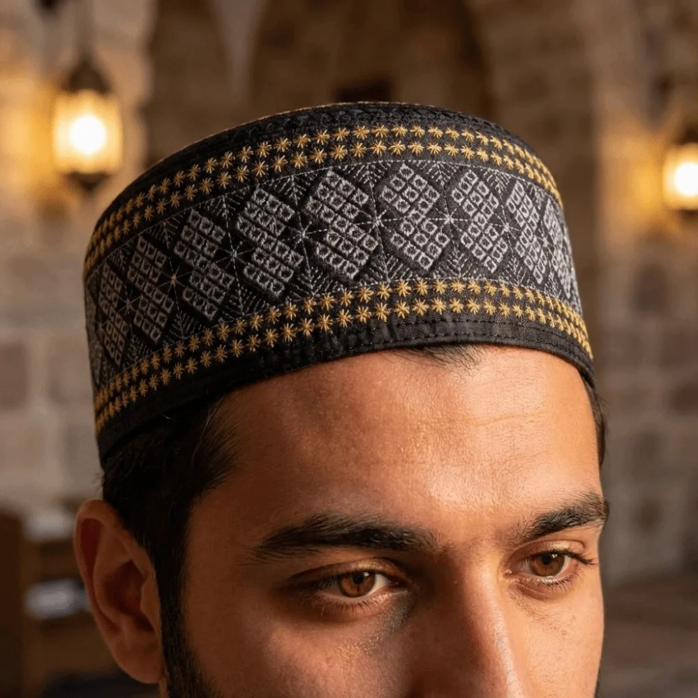 

Fashion Ethnic Style Islam Flat Cap Breathable Round Embroider Bonnet Beanie Thin Comfortable Church Hat Men