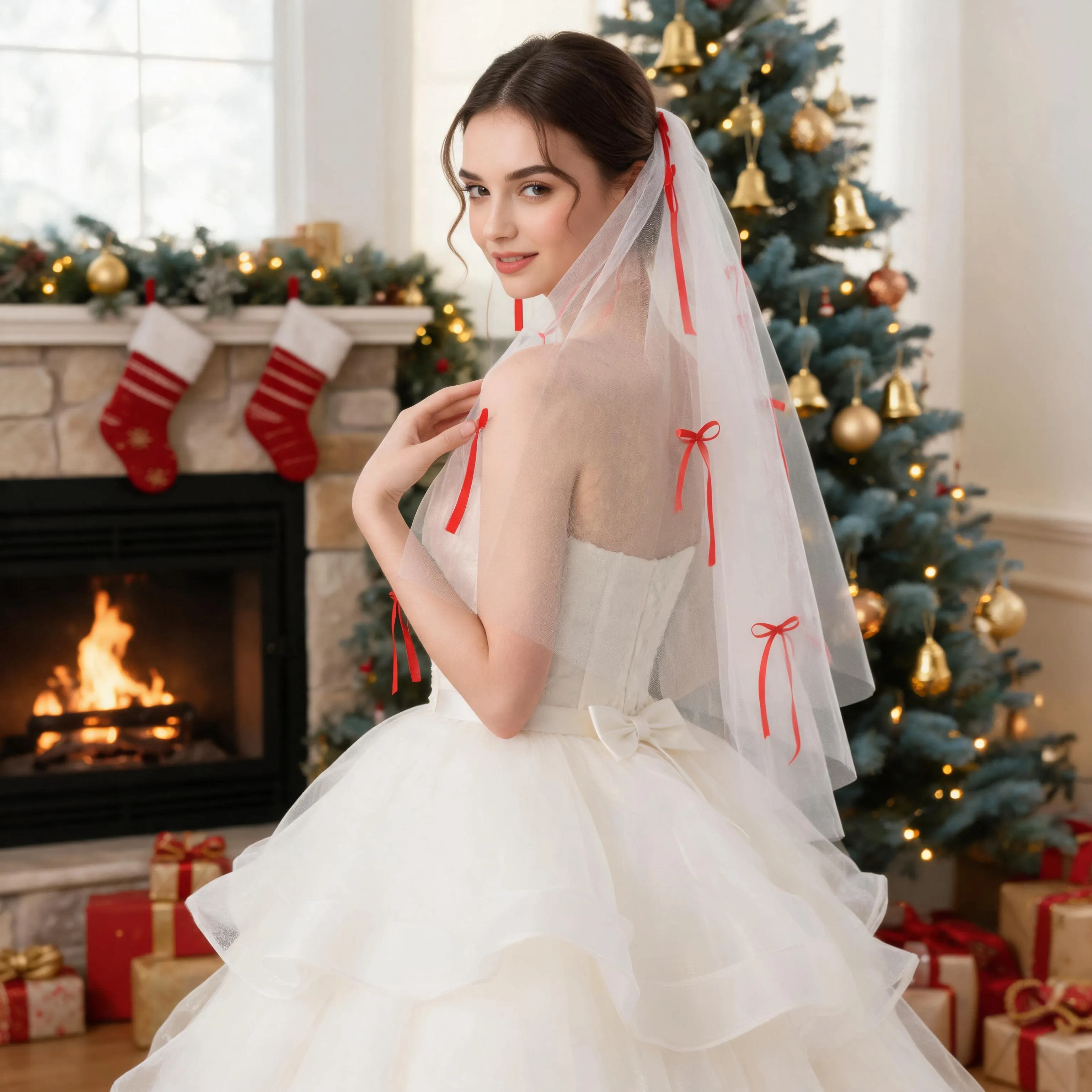 Women Romantic Delicate Red Bow Veil Bridal Wedding Accessory for Bride Gown Formal Ceremony Church Wedding Party G108