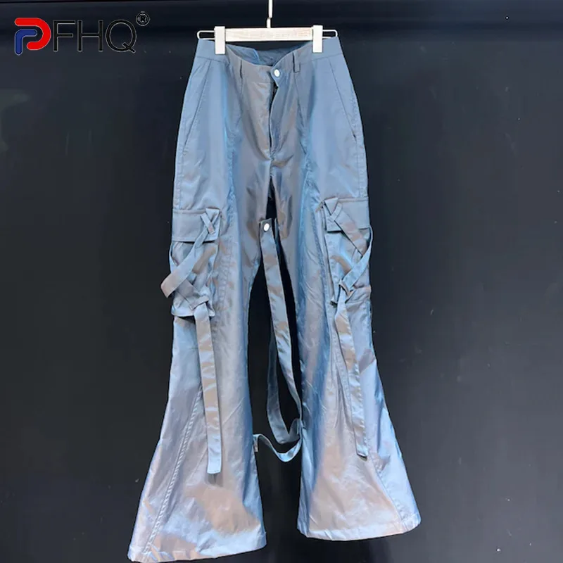 

PFHQ Men's Large Pocket Wide Legs Pants Summer Gradient Color High Waisted Loose Ribbon Design Sports Straight Trousers 21Z4443