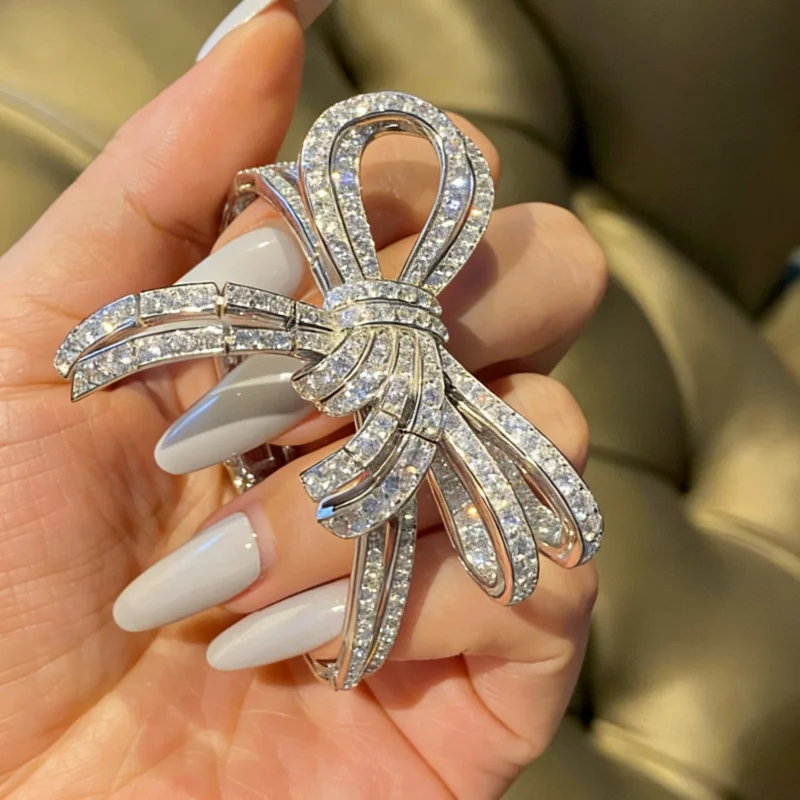 BELLUX Ribbon Hollow out Light Luxury Personalized Bracelet Full Diamond Bow S925 Pure Silver Bracelet for Women
