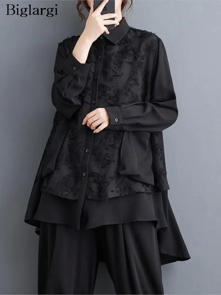 Oversized Autumn Shirt Women Fringe Print Fashion Patchwork Irregular Pleated Ladies Blouses Long Sleeve Loose Woman Shirt 2023