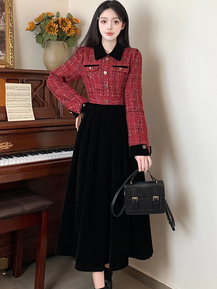 Women Red Plaid Patchwork Black Velvet Fake Two Piece Dress 2024 Korean Elegant Casual Home Dress Autumn Winter Bodycon Vestidos