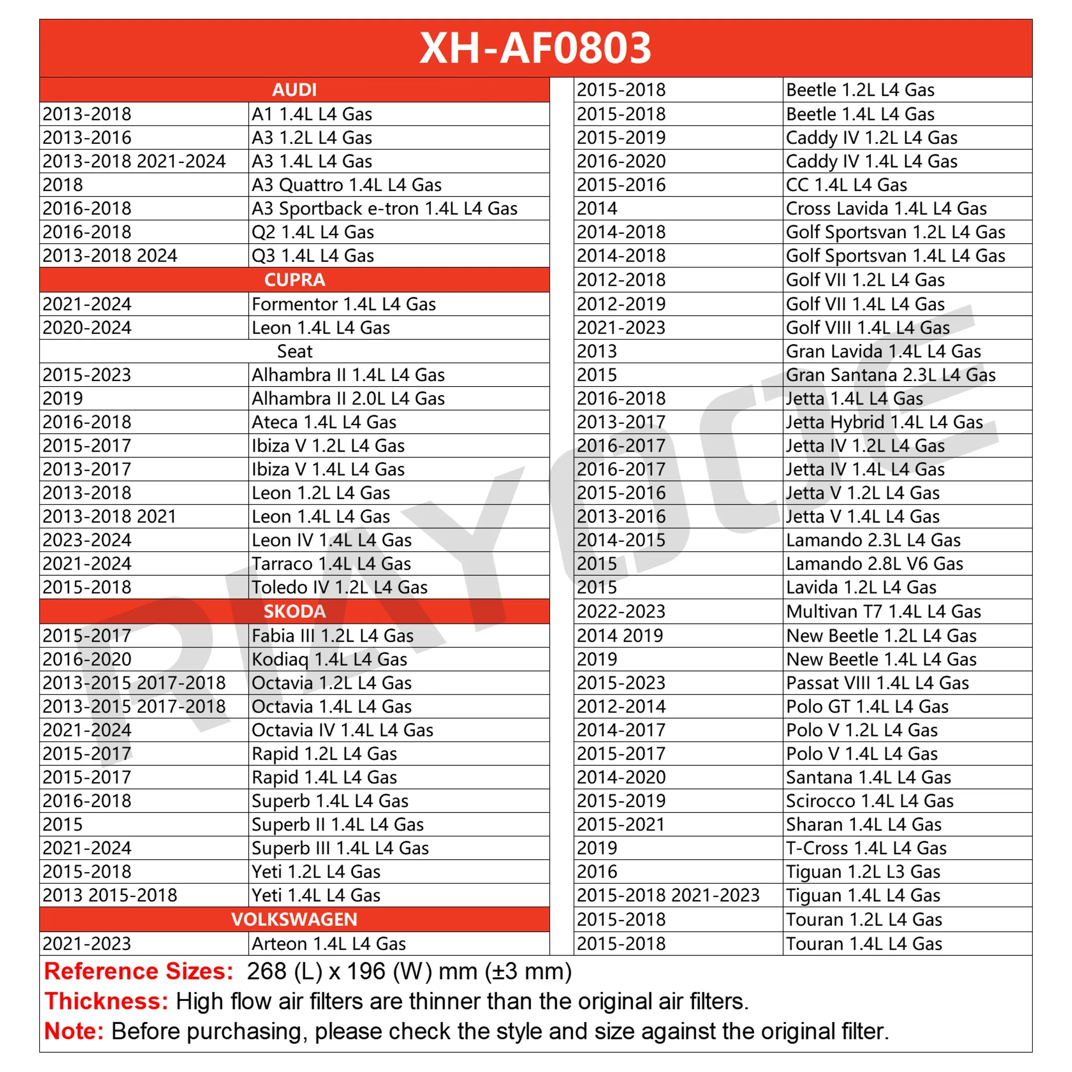 R-EP Replacement Air Filter High Flow For VOLKSWAGEN POLO VW GOLF VII TIGUAN SHARAN SCIROCCO PASSAT JETTA CC Can Clean