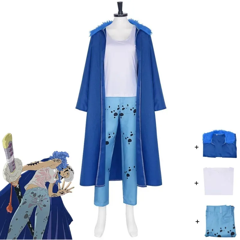 

Anime Trafalgar D. Water Law Cosplay Costume Blue Plush Collar Coat Cloak Blue Pants Uniform Adult Man Woman Halloween Party Set