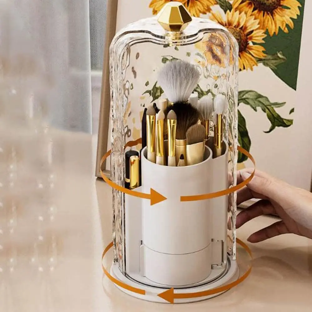 Plástico 360 °   Soporte giratorio para brochas de maquillaje, a prueba de polvo, con tapa, lápiz labial, cejas, caja de almacenamiento de cosméticos de gran capacidad