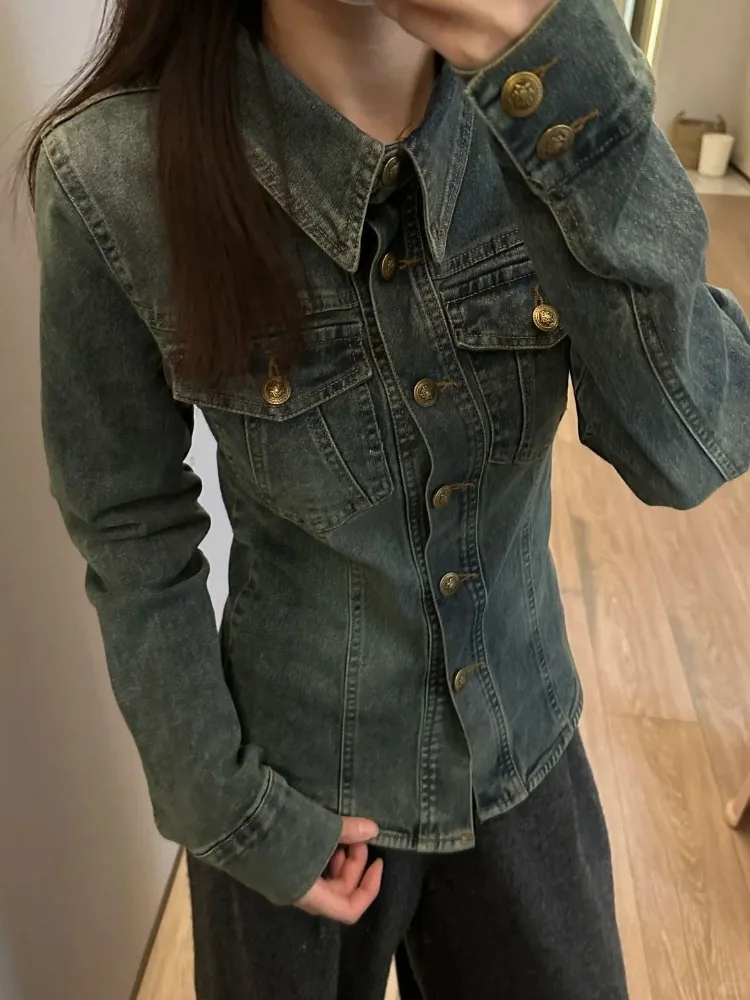 

Vintage Lapel Neck Single Breasted Jackets Thin Slim Fit Denim Shirt Coat Women 2025 Early Autumn New Long Sleeve Tops Mujer