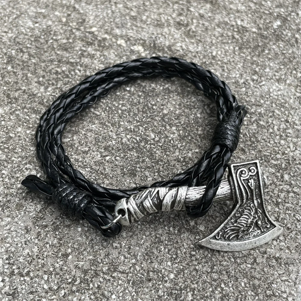 Viking Axe Charm Wolf Raven Amulet Slavic Kolovrat Norse Men\'s Leather Accessories Handmade Braided Wrap Pirate Bracelet