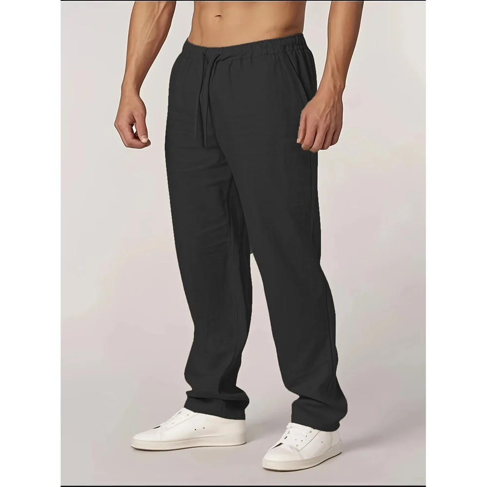 خريف جديد الرجال القطن الكتان السراويل مستقيم الساق خفيفة الوزن تنفس عادية الأساسية نمط مرونة الخصر السراويل الطويلة #4