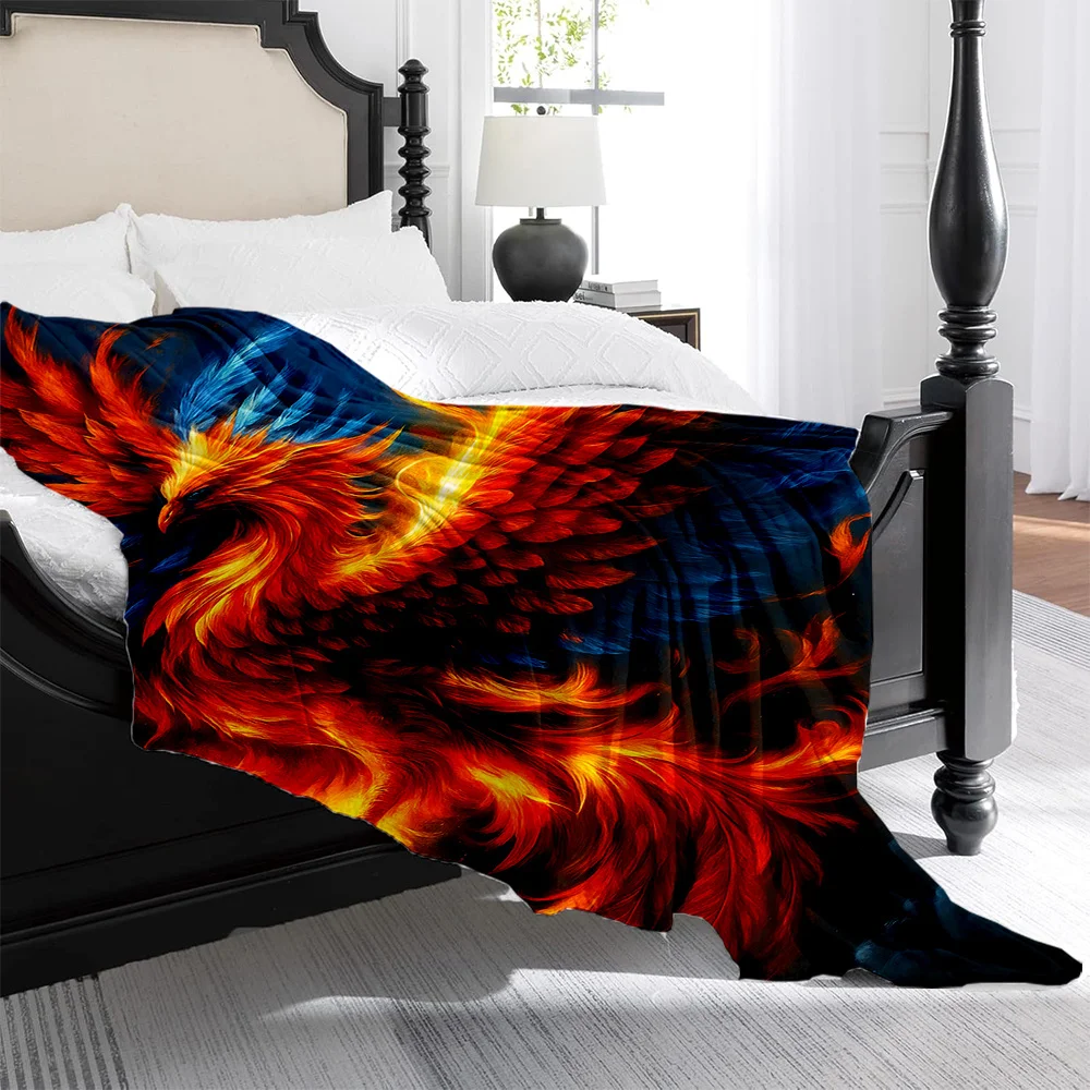 1pc Luxurious Phoenix Print Flannel Blanket - Heavyweight All-Season Bedspread with Fiery Golden/BlueBlack/Red Dragon-like Bird