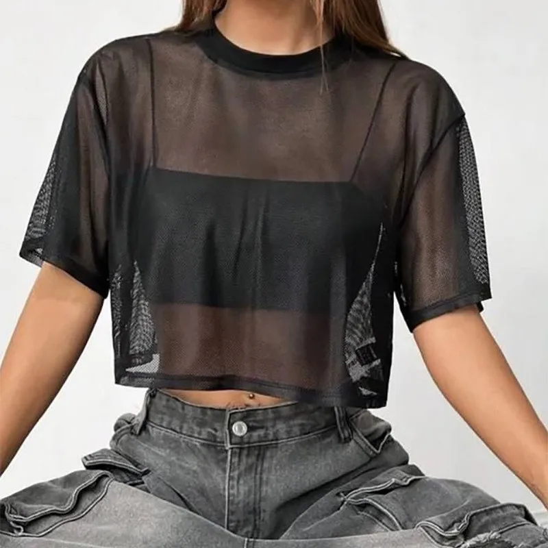 Short Sleeve Loose Fit Top Cropped Western Style with Patchwork Construction Summer Round Neck Streetwear T Shirt for Women