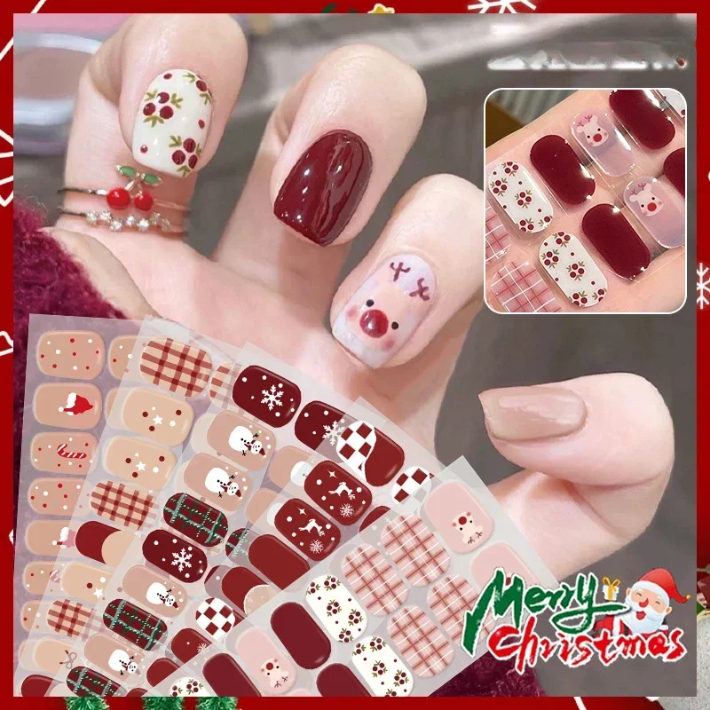 Christmas Series Gel Strips for Nails Sliders Adhesive Waterproof Long Lasting Full Gel Nail Stcikers UV Lamp Need Press On Nail