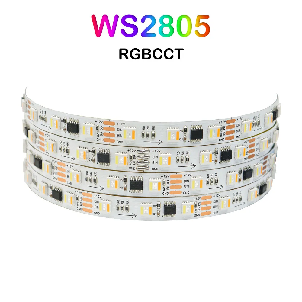 WS2805 Pixels LED Strip Light 5050 RGBCCT 5 in 1 Addressable LED Lights Dual Signal RGB WW CW 3000-6500K 1 IC to 3/6LEDs 12/24V