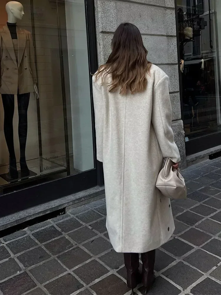 Solid Double Breasted Lapel Wool Blend Overcoat Women Fashion Lapel Long Sleeved Pocket Long Coat 2024 Chic Lady Street Outwear