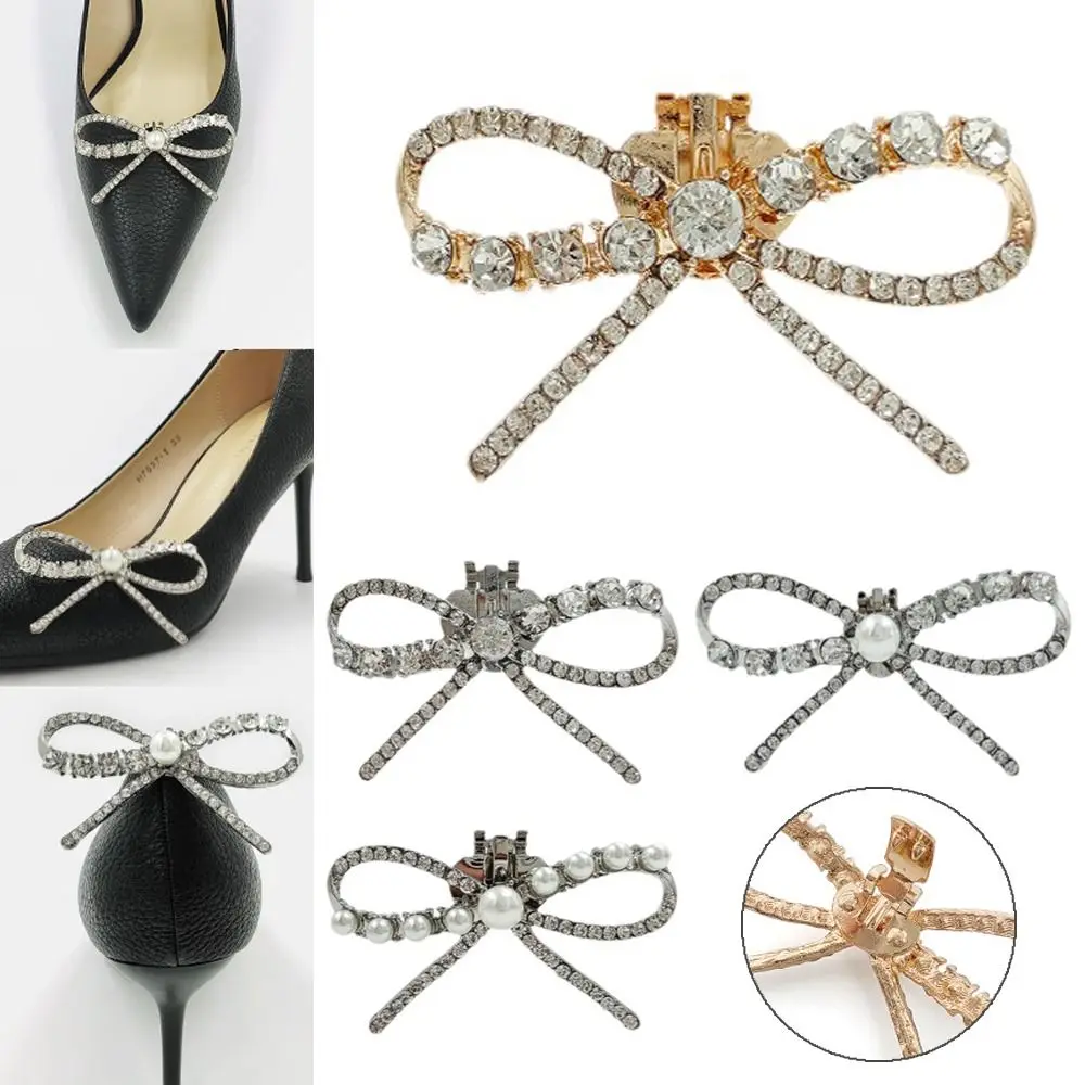 

1 Pair Shiny Bow Shoes Clips Rhinestone Shoes Flower Shoes Decorations Clip Removable Charm Buckle High Heel Shoes