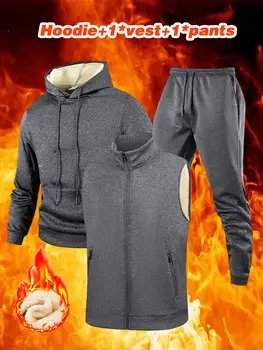 Pánská podzimní a zimní teplá tepláková souprava pro každodenní nošení, ležérní sportovní mikina s kapucí a vestou, 3dílná sada, venkovní, jogging, běhání, pánské sportovní oblečení 10 nejlepší prodej Pánská tepláková souprava, 3 díly - №4