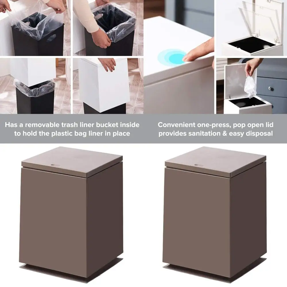 

7L Square Waste Bin with Pop-Up Lid - Removable Liner, Brown for Bathroom or Office Use