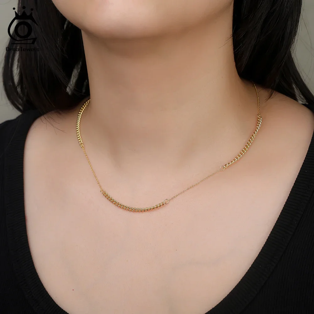

ORSA JEWELS S925 Silver 3mm Cuban Curb Link Chain Necklace for Women Simple Party Choker Chain Fashion Jewelry Gift GAN12