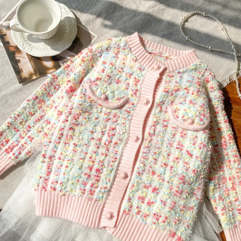 Girls' Knitted Cardigan Small Fragrant Coat  Children's Fashionable Baby Spring and Autumn Children's Fashion Sweater （No skirt）