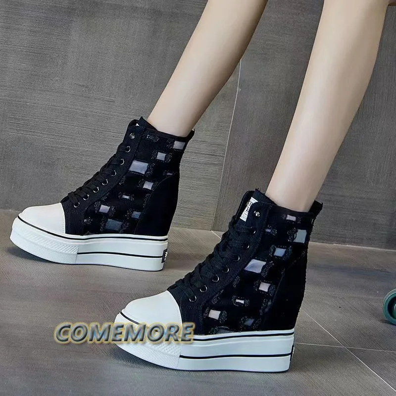 Inner Increase White Shoes 2023 New High-top Canvas Spring Autumn Women Hollow Breathable Casual Thick-soled Women Sneaker Shoes