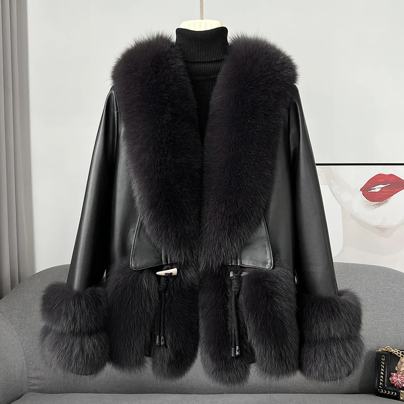 ZDFURS*Haining 2022 Popular Fox Fur Big Fur Collar Fur Coat Female Fur and Leather Overcoat Young Fashion down Jacket