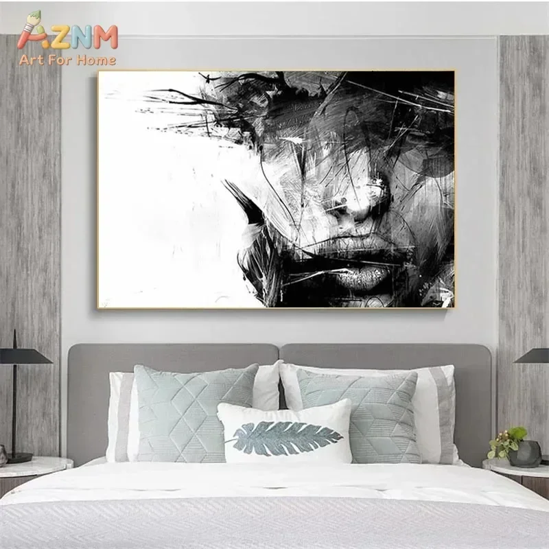 AZNM Black White Abstract Face Canvas Wall Art Modern Graffiti Texture Portrait Unframed Canvas Print for Living Room Home Decor