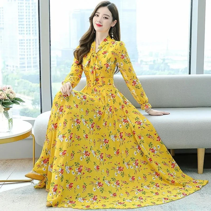 2024 Women Chiffon Casual Dress Yellow Floral Spring Long Sleeve Beach Clothes Red Elegant Fashion Maxi Dresses Vestidos