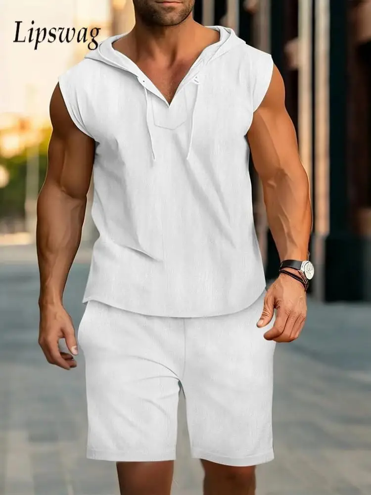 

2025 Summer Casual Men's Two Pieces Suits Daily Leisure Loose Sleeveless Hooded Vest And Shorts Outfits Mens Solid Color Suits