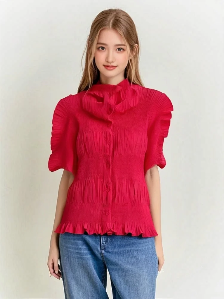 

Miyake Pleated New 2025 Breathable Pleated Short Sleeved Shirt with Loose and Slimming Style, Standing Collar Top for Women